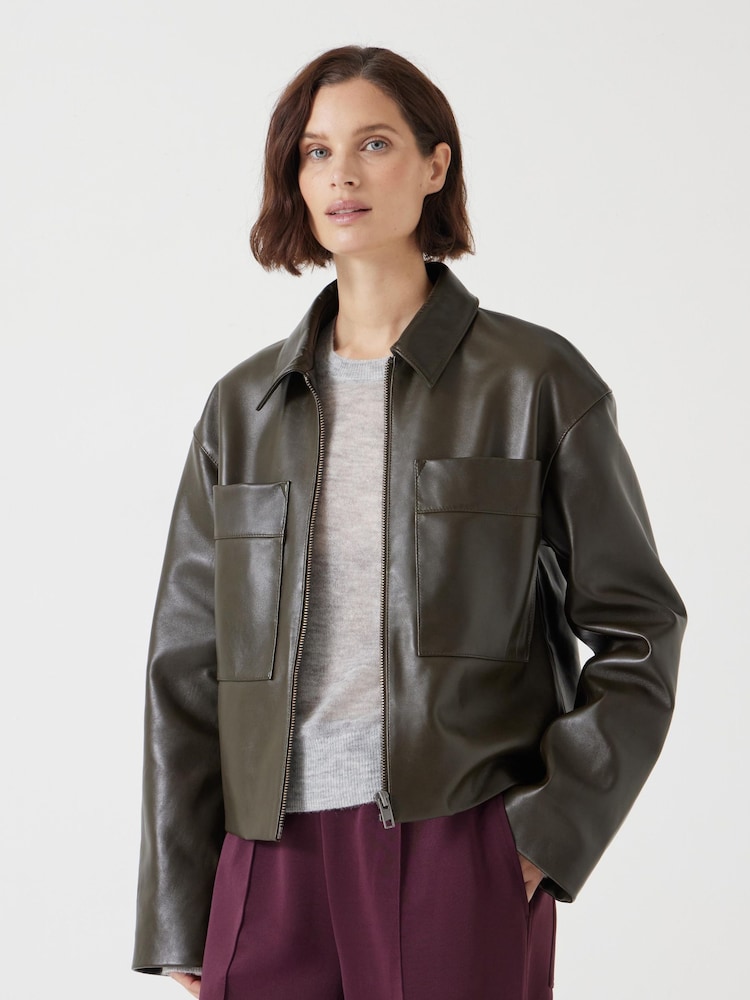 Hush Green Zip Front Leather Jacket - Image 1 of 6