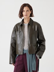 Hush Green Zip Front Leather Jacket - Image 3 of 6