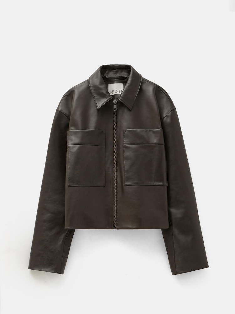 Hush Green Zip Front Leather Jacket - Image 6 of 6