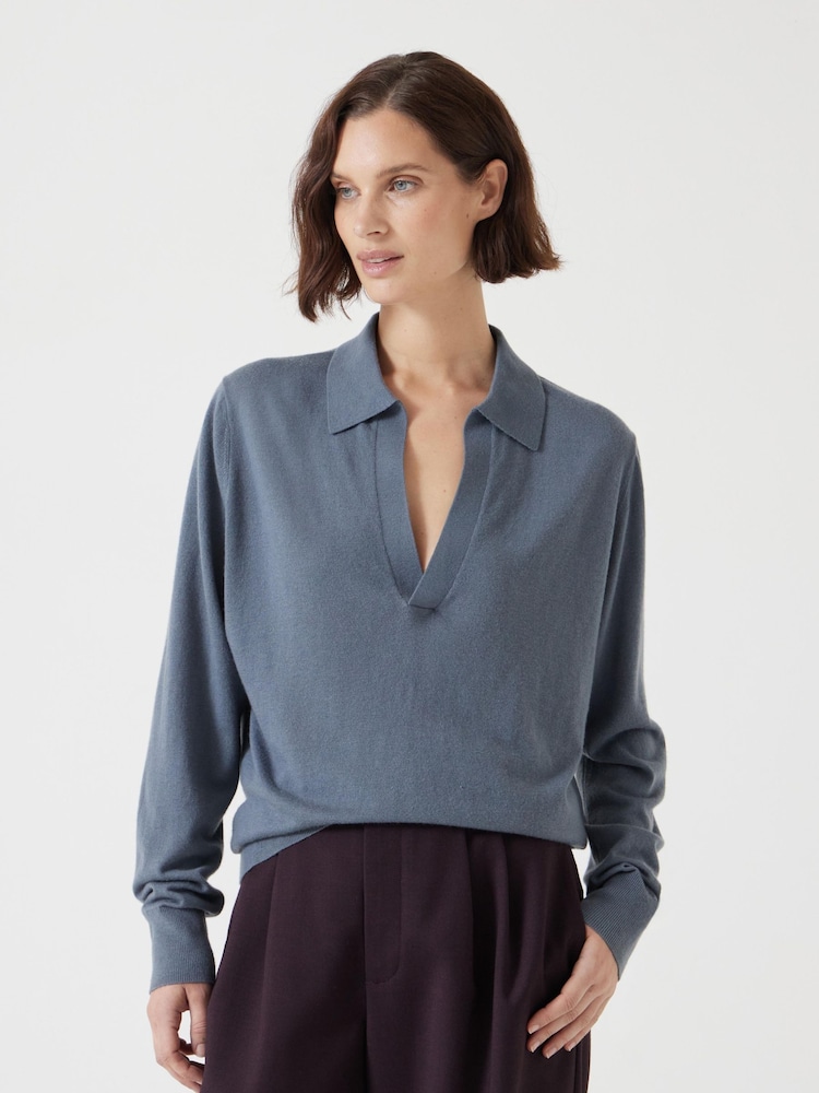 Hush Blue Open Collar Knitted Jumper - Image 1 of 5