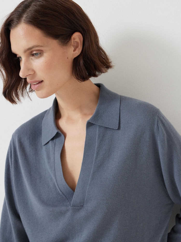Hush Blue Open Collar Knitted Jumper - Image 4 of 5