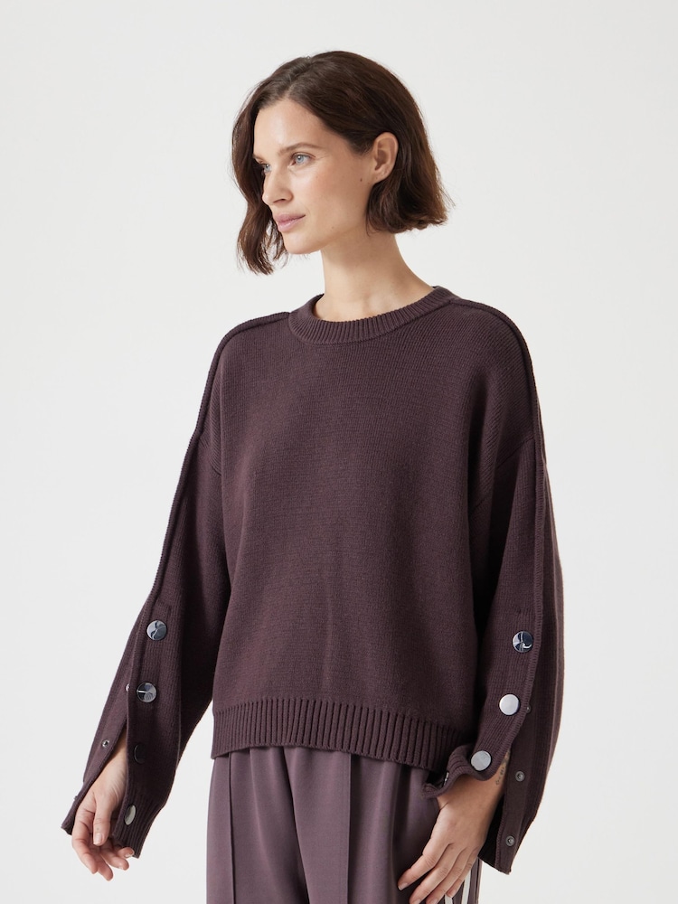 Hush Brown Popper Sleeve Crew Knitted Jumper - Image 1 of 5