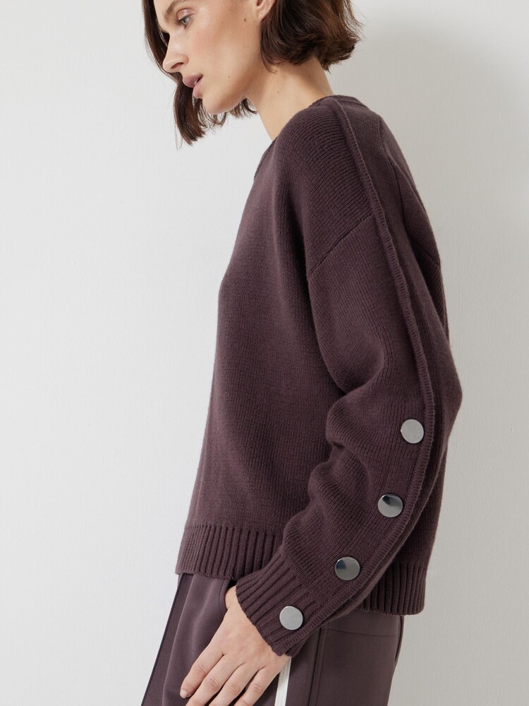 Hush Brown Popper Sleeve Crew Knitted Jumper - Image 4 of 5