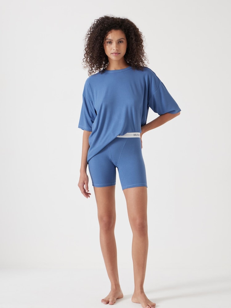 Hush Blue Ribbed Viscose Boxer Short Pyjamas Set - Image 1 of 5