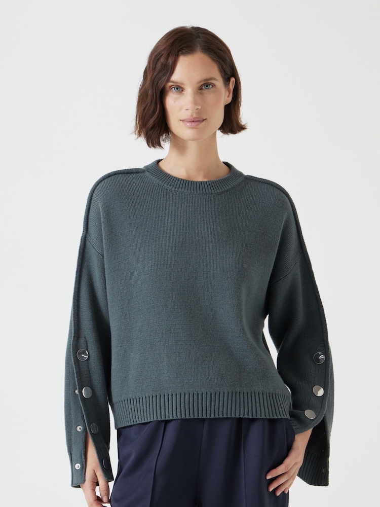 Hush Green Popper Sleeve Crew Knitted Jumper - Image 1 of 5