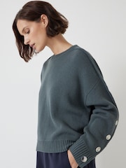 Hush Green Popper Sleeve Crew Knitted Jumper - Image 4 of 5