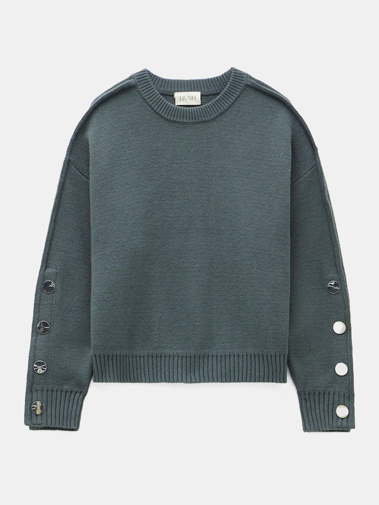 Hush Green Popper Sleeve Crew Knitted Jumper - Image 5 of 5