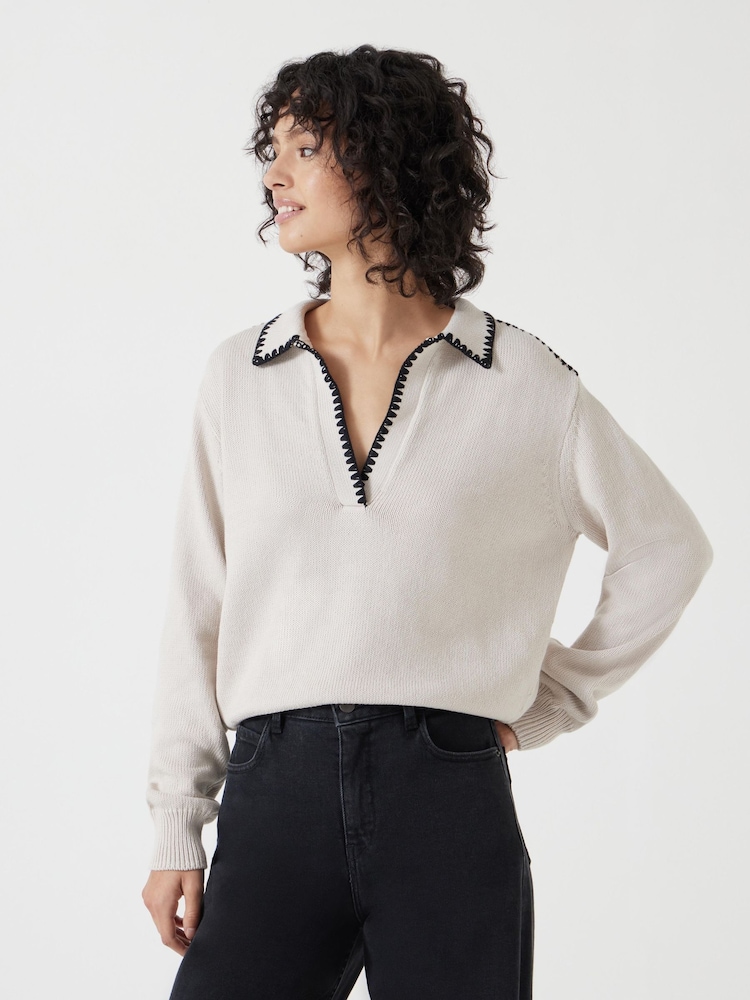 Hush Cream Whipstitch Collar 100% Cotton Jumper - Image 1 of 5