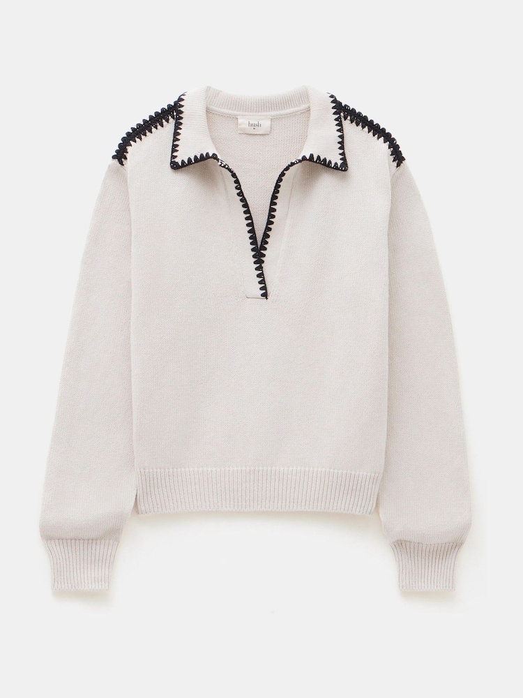 Hush Cream Whipstitch Collar 100% Cotton Jumper - Image 5 of 5
