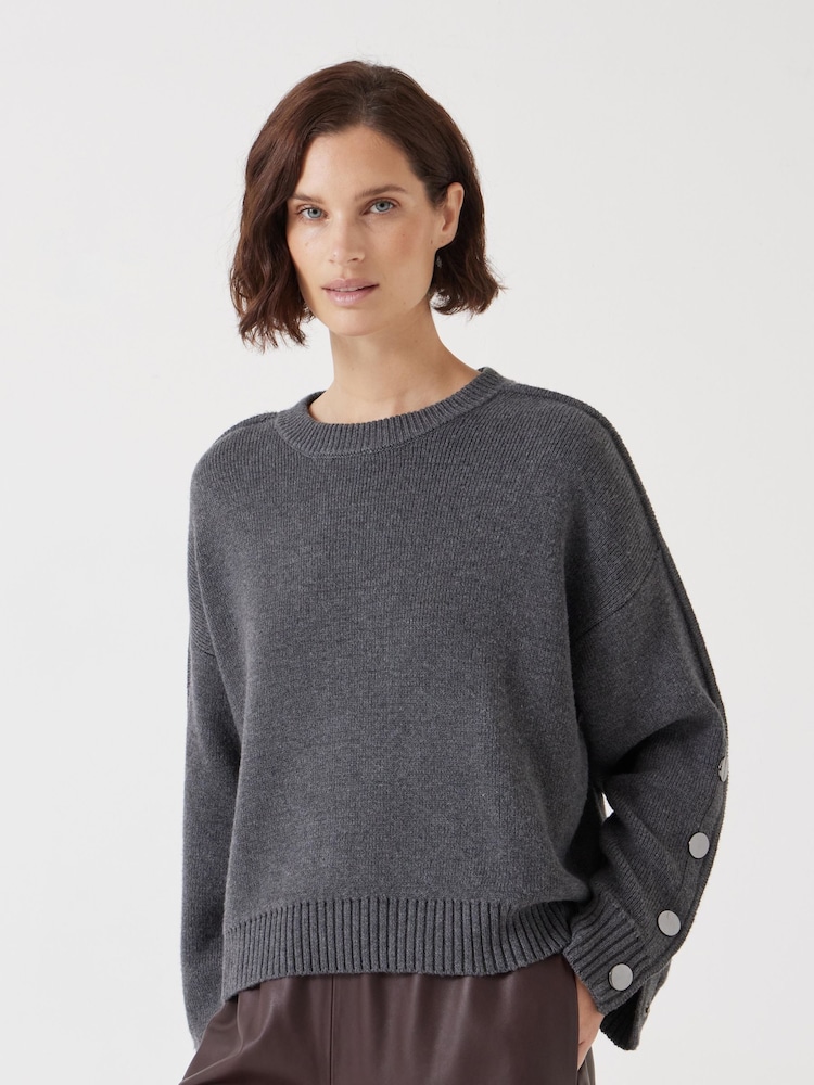 Hush Grey Popper Sleeve Crew Knitted Jumper - Image 1 of 6