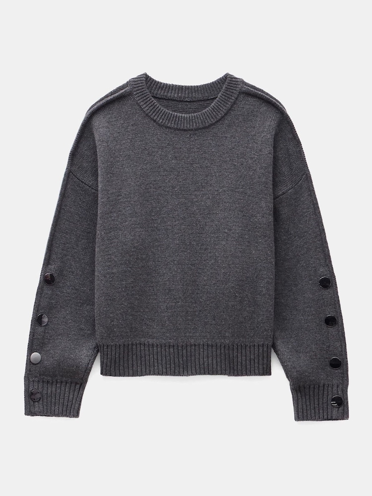 Hush Grey Popper Sleeve Crew Knitted Jumper - Image 6 of 6