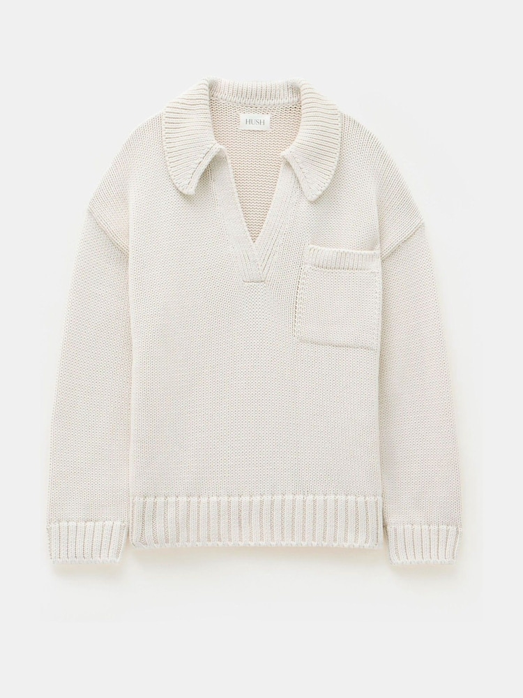 Hush Cream Knitted 100% Cotton Collar Jumper With Pocket - Image 5 of 5