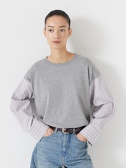 Hush Grey 100% Cotton Woven Mix Long Sleeve T-Shirt - Image 1 of 5