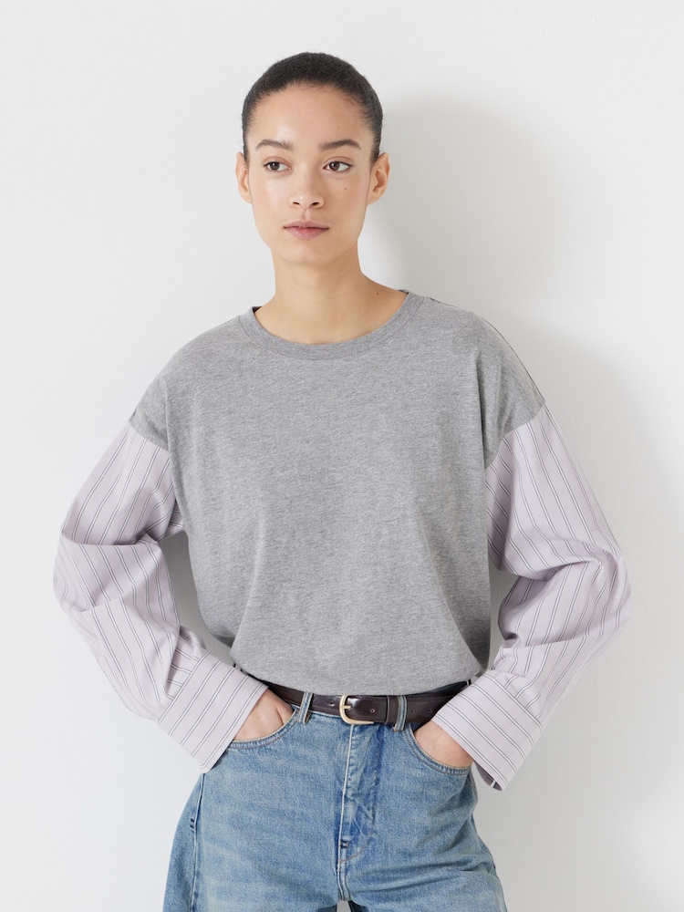 Hush Grey 100% Cotton Woven Mix Long Sleeve T-Shirt - Image 1 of 5
