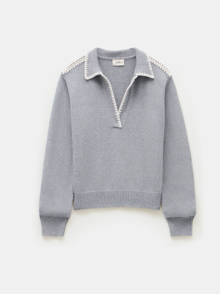 Hush Grey Whipstitch Collar 100% Cotton Jumper - Image 5 of 5