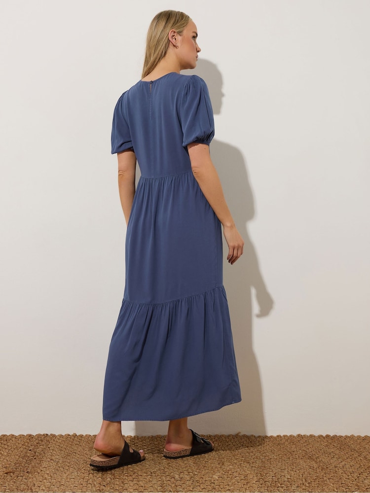 Long Tall Sally Blue Puff Sleeve Shirred 100% Cotton Dress - Image 3 of 5