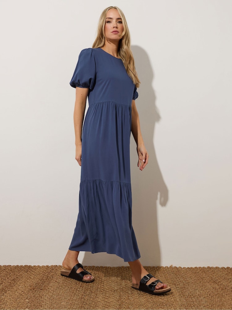 Long Tall Sally Blue Puff Sleeve Shirred 100% Cotton Dress - Image 4 of 5