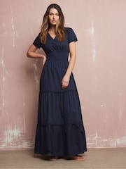 Long Tall Sally Blue 100% Cotton Lace Insert Tiered Dress - Image 1 of 5