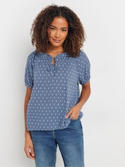 M&Co Blue 100% Cotton Dobby Boho Short Sleeve Top - Image 1 of 4