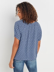 M&Co Blue 100% Cotton Dobby Boho Short Sleeve Top - Image 3 of 4