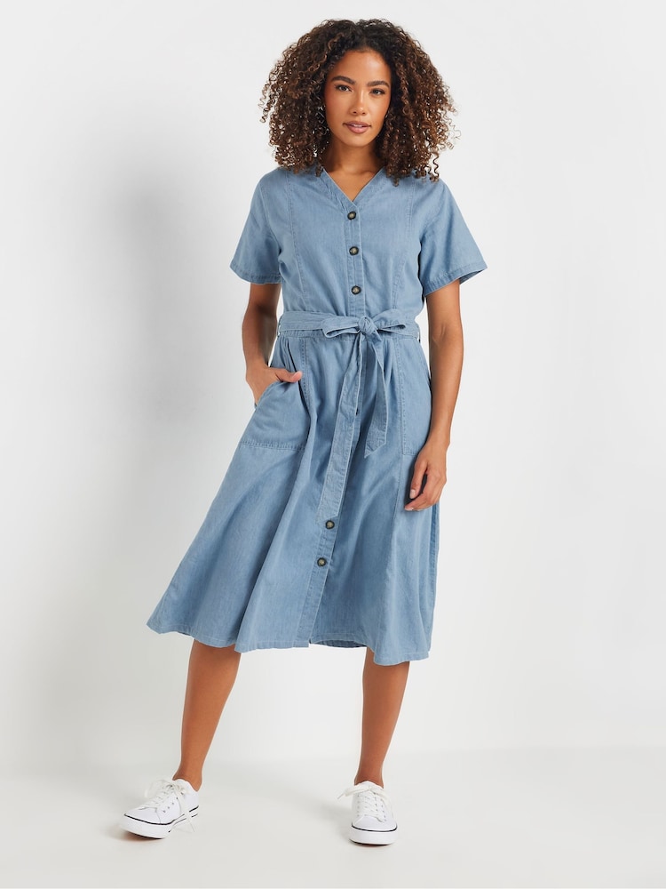 M&Co Blue Collarless Button Through Shirt Dress - Image 1 of 6 M&Co Blue Collarless Button Through Shirt Dress - Image 1 of 6