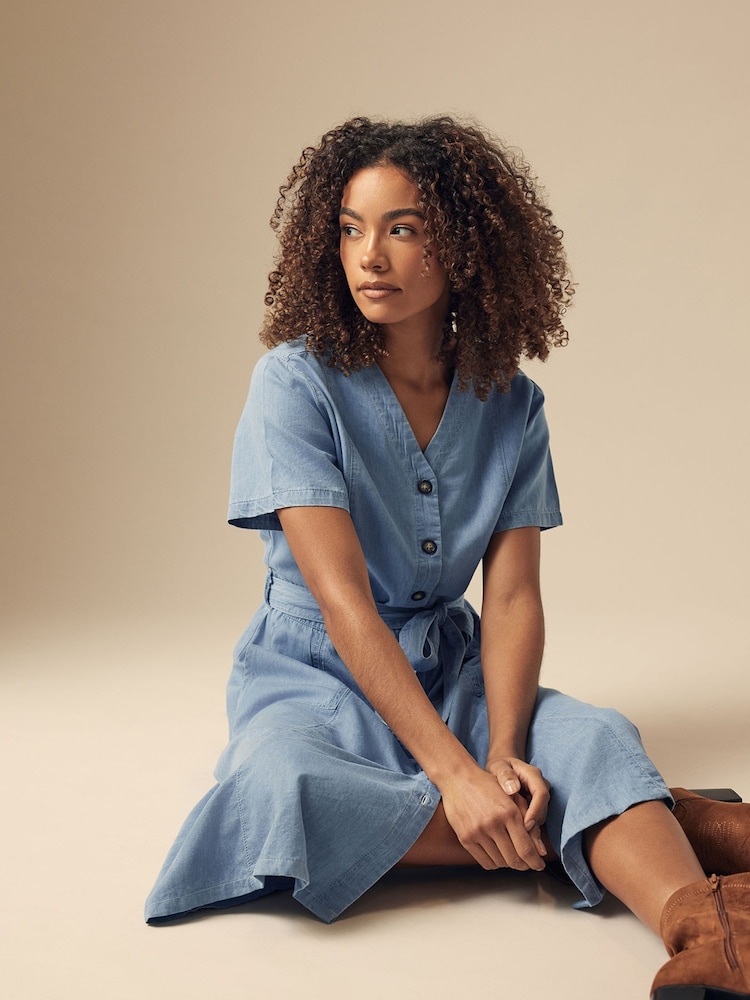 M&Co Blue Collarless Button Through Shirt Dress - Image 2 of 6 M&Co Blue Collarless Button Through Shirt Dress - Image 2 of 6