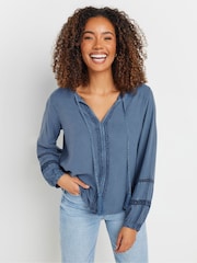 M&Co Blue Acid Wash Trim Insert Boho Blouse - Image 1 of 4