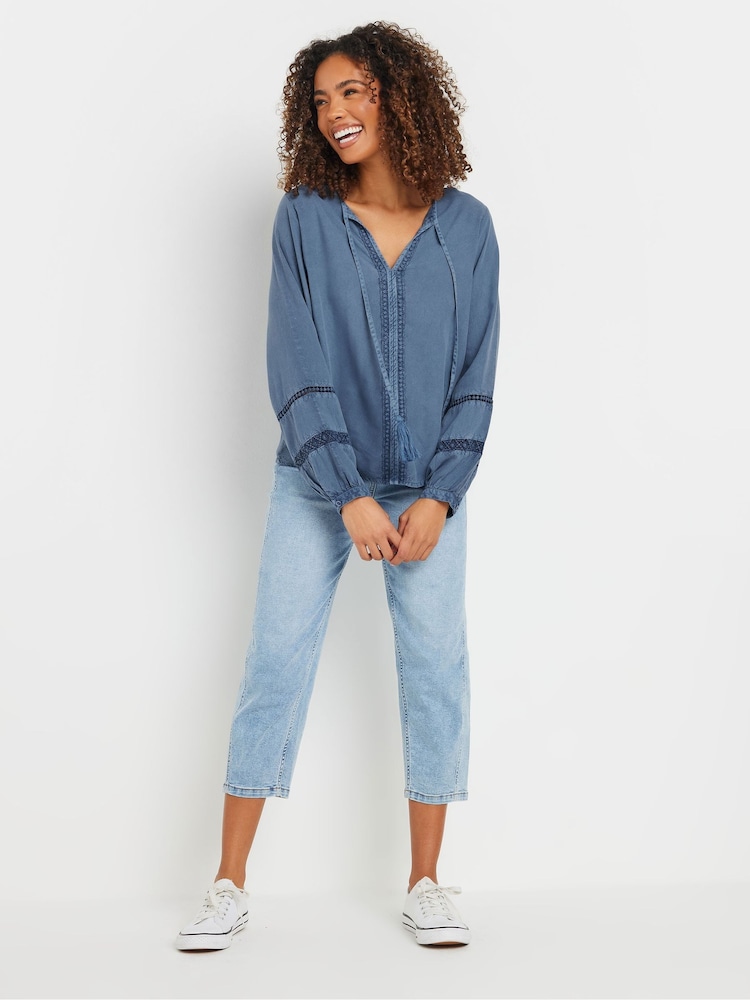 M&Co Blue Acid Wash Trim Insert Boho Blouse - Image 2 of 4