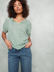 M&Co Green 100% Cotton Dobby Boho Short Sleeve Top - Image 1 of 6