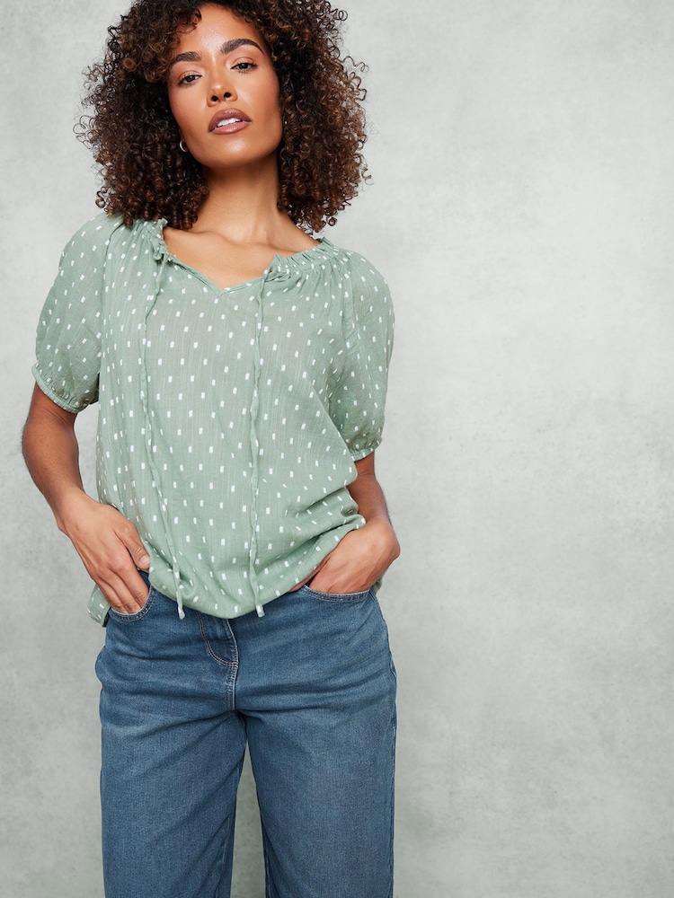 M&Co Green 100% Cotton Dobby Boho Short Sleeve Top - Image 1 of 6