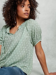 M&Co Green 100% Cotton Dobby Boho Short Sleeve Top - Image 2 of 6