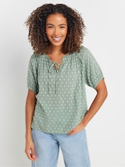 M&Co Green 100% Cotton Dobby Boho Short Sleeve Top - Image 3 of 6