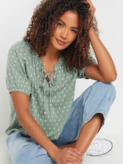 M&Co Green 100% Cotton Dobby Boho Short Sleeve Top - Image 6 of 6