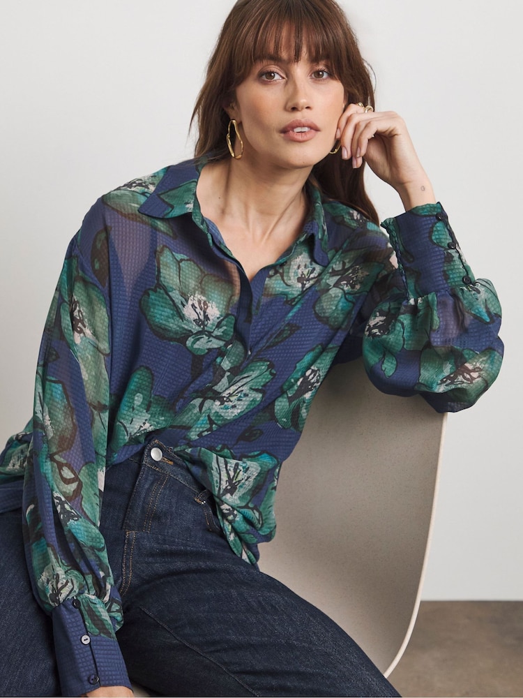 Joanna Hope Oversized Blue Chiffon Shirt - Image 1 of 5 Joanna Hope Oversized Blue Chiffon Shirt - Image 1 of 5