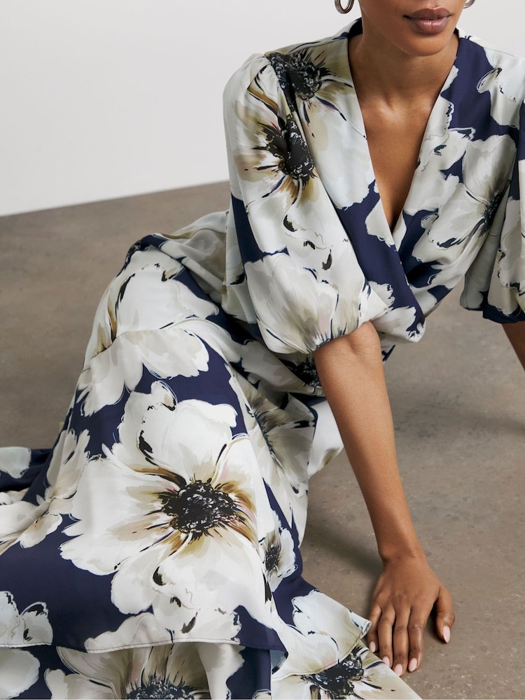 Joanna Hope Blue Wrap Puff Sleeve Dress - Image 3 of 4