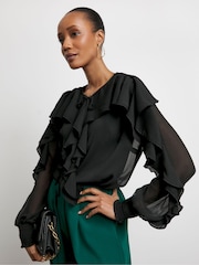 Joanna Hope Crinkle Chiffon Romantic Ruffle Black Blouse - Image 1 of 4
