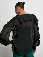 Joanna Hope Crinkle Chiffon Romantic Ruffle Black Blouse - Image 2 of 4