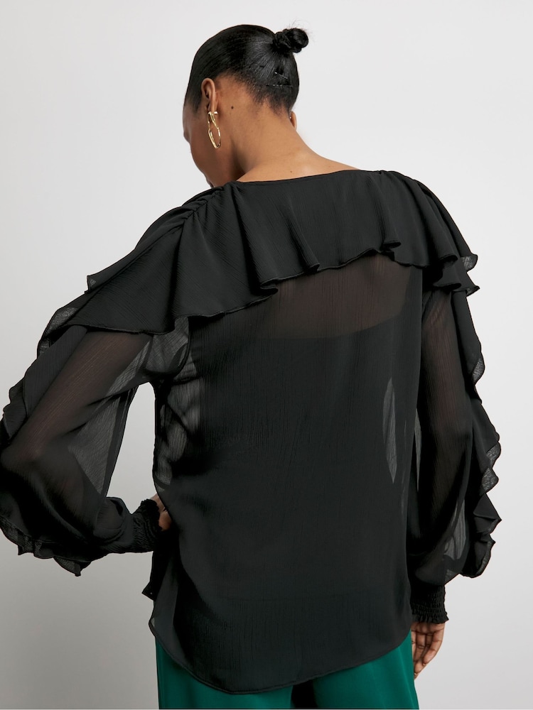 Joanna Hope Crinkle Chiffon Romantic Ruffle Black Blouse - Image 2 of 4