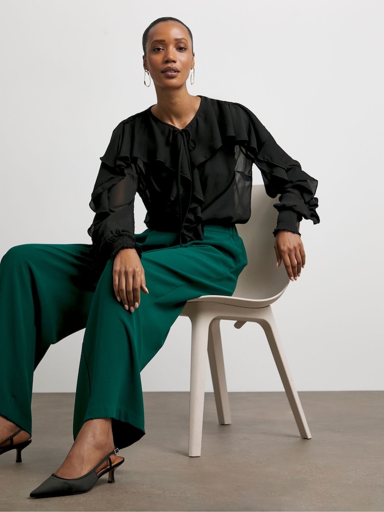 Joanna Hope Crinkle Chiffon Romantic Ruffle Black Blouse - Image 4 of 4