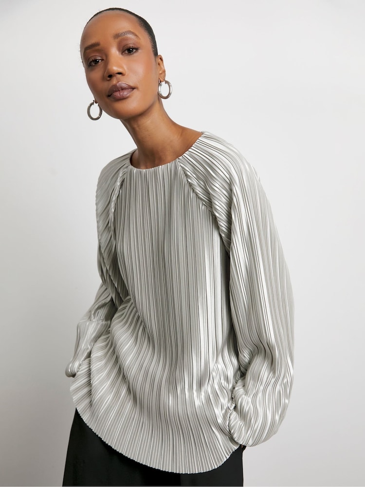 Joanna Hope Silver Plisse Balloon sleeve Blouse - Image 1 of 4