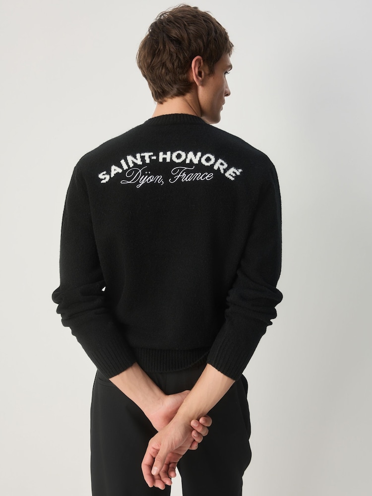 Black Relaxed Fit Paris Embroidery Crew Jumper with Wool - Image 1 of 8