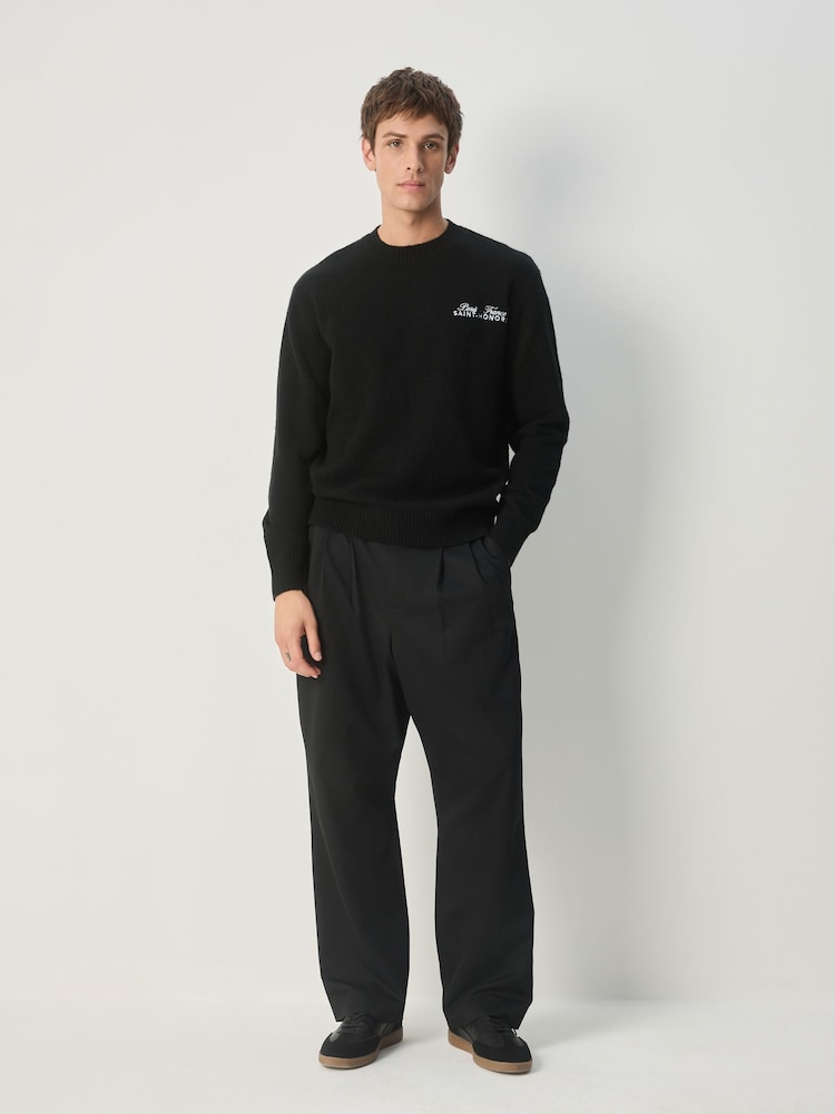 Black Relaxed Fit Paris Embroidery Crew Jumper with Wool - Image 2 of 8