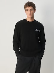 Black Relaxed Fit Paris Embroidery Crew Jumper with Wool - Image 3 of 8