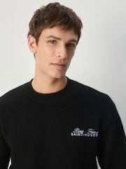 Black Relaxed Fit Paris Embroidery Crew Jumper with Wool - Image 4 of 8