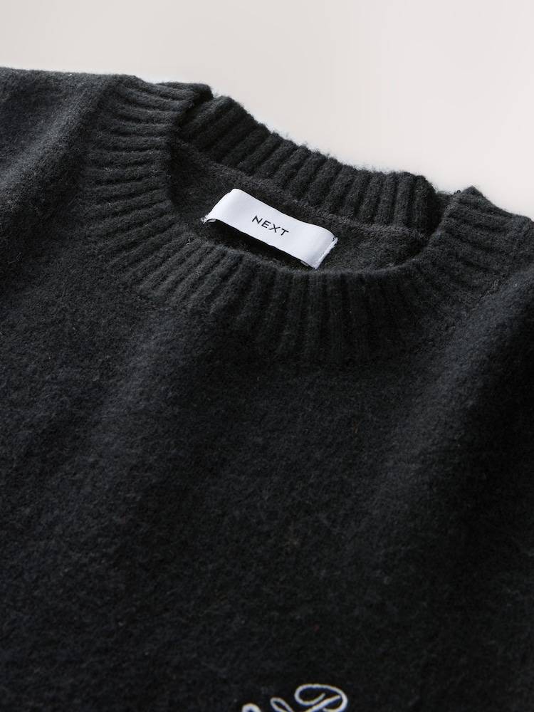 Black Relaxed Fit Paris Embroidery Crew Jumper with Wool - Image 8 of 8
