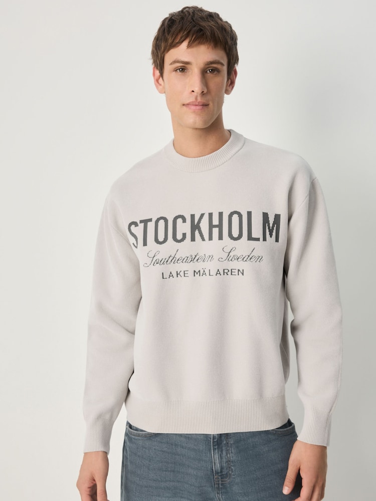 Neutral Relaxed Fit Stockholm Graphic Print Crew Jumper - Image 1 of 7