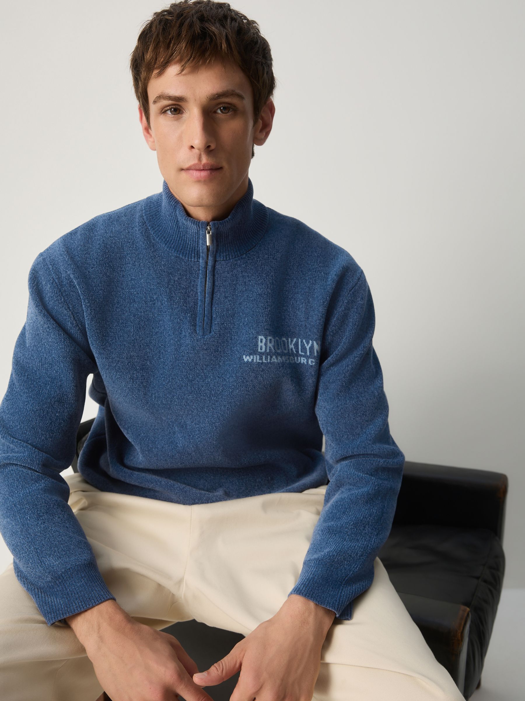 Buy Blue Regular Fit Brooklyn Graphic Chenille Quarter Zip Neck