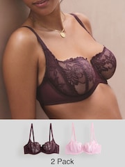 Chocolate/Berry/Pink Non Pad Balcony Lace Bras 3 Pack - Image 1 of 13