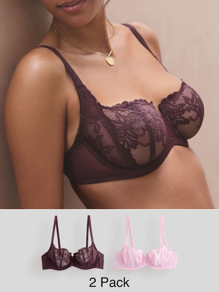 Chocolate/Berry/Pink Non Pad Balcony Lace Bras 3 Pack - Image 1 of 13 Chocolate/Berry/Pink Non Pad Balcony Lace Bras 3 Pack - Image 1 of 13