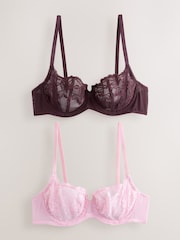 Chocolate/Berry/Pink Non Pad Balcony Lace Bras 3 Pack - Image 8 of 13